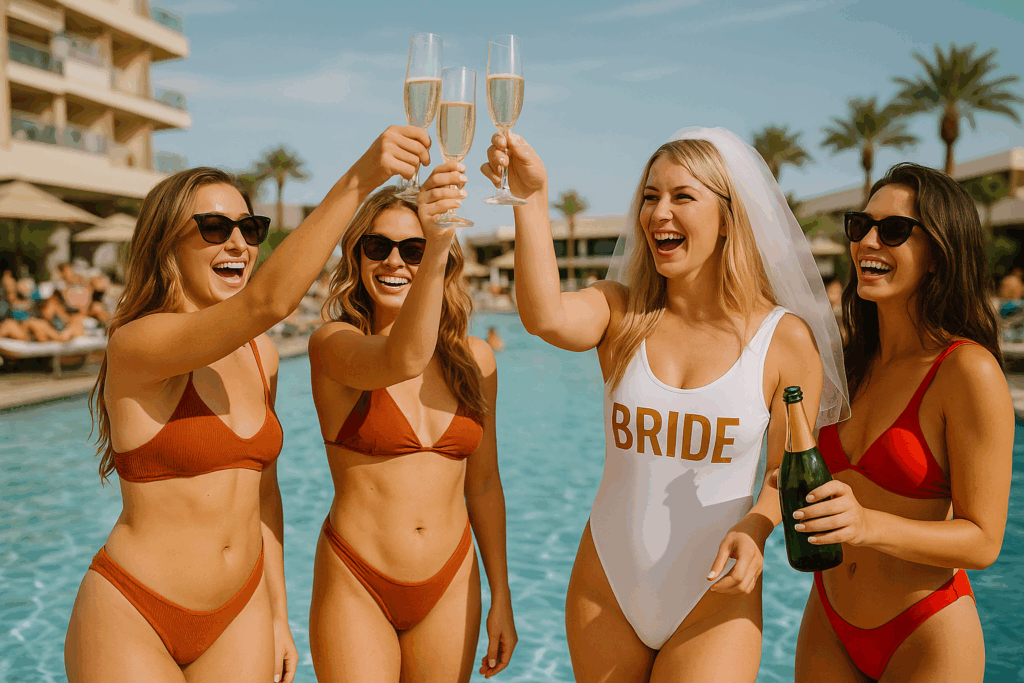 Bride and her bridesmaids celebrating a bachelorette pool party at a Las Vegas dayclub with champagne toasts by the pool