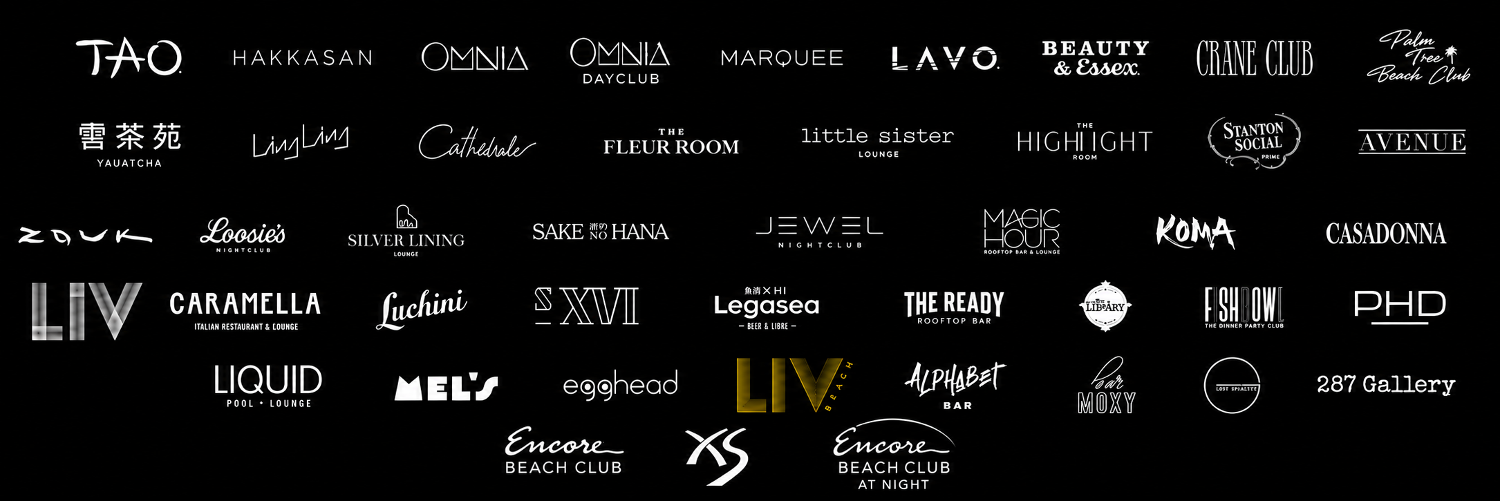 Las Vegas nightclub and dayclub venue logos including TAO, Hakkasan, OMNIA, Marquee, LAVO, LIV, Jewel, XS, Encore Beach Club, Palm Tree Beach Club and more.