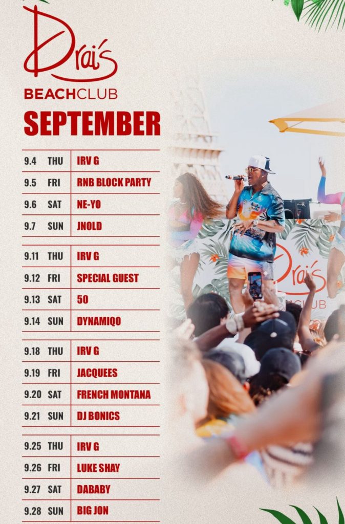 Drais Beachclub Las Vegas September Calander