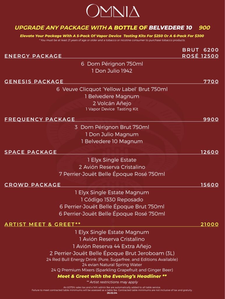 Omnia Nightclub Menu page 1