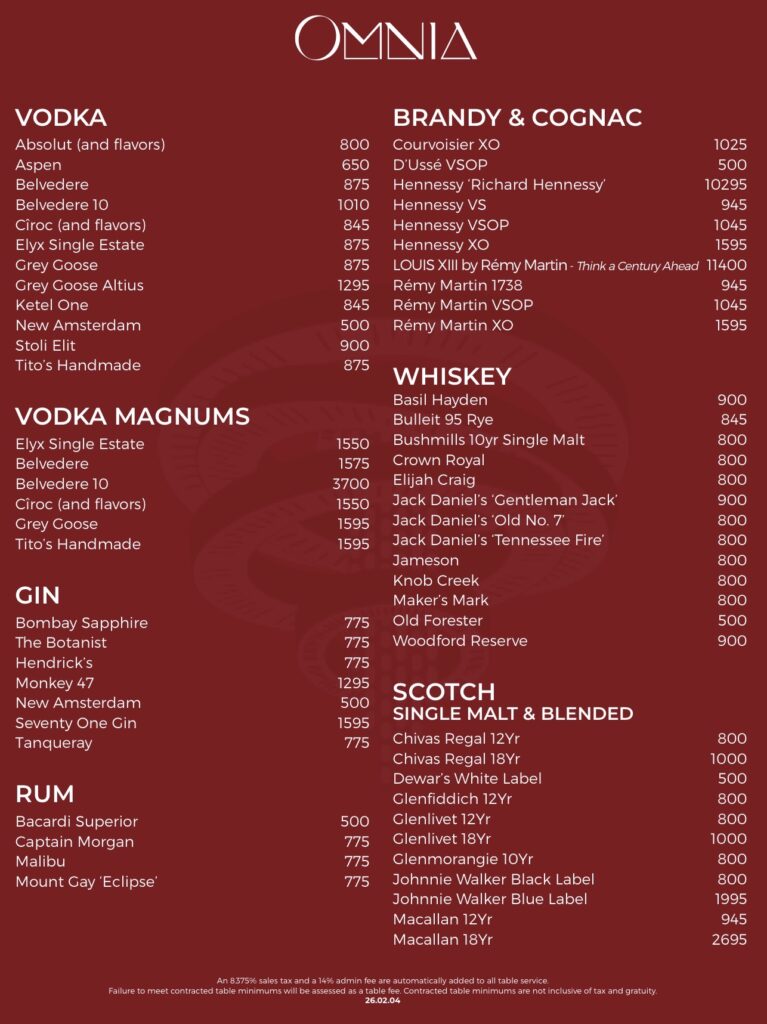 Omnia Nightclub Menu page 7