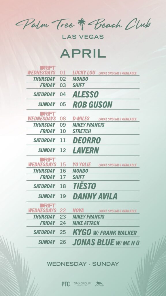 Palm Tree Beach Club Las Vegas April 2026 Calendar Longitudinal list format